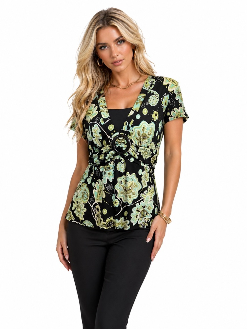 Briggs New York Womens Top Size S Green Black Plastic Ring V neck Short Sleeves